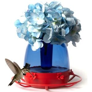 Murano Blue Glass and Red Base Decorative Hummingbird Feeder - New